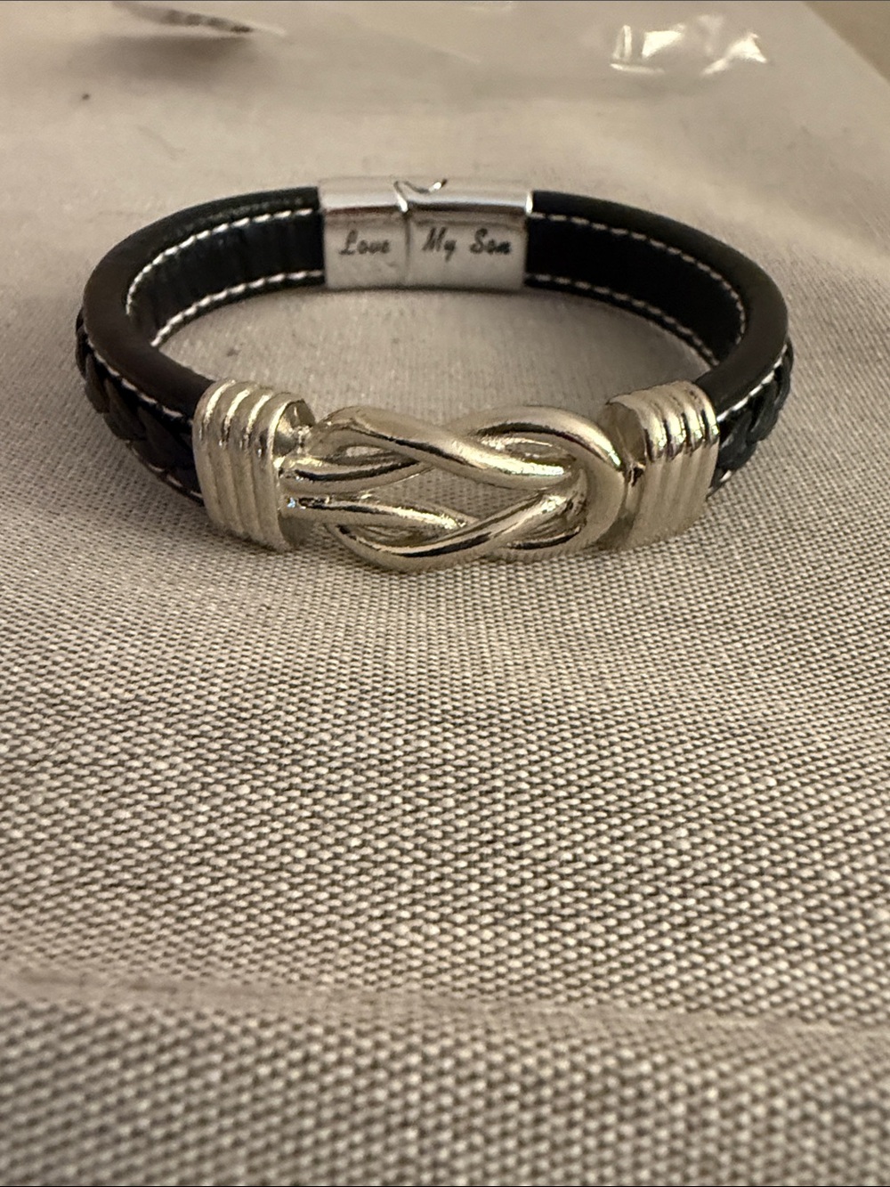 Men's Black Leather Bracelet with Silver Knot Accent from dad to son
